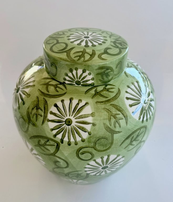 Large Fat Bright Green Floral Ceramic Ginger Jar With Lid
